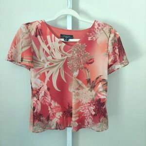 Vtg‎  Coral Tropical Floral V-Neck Flutter Sleeve Blouse 6P Career USA Resort